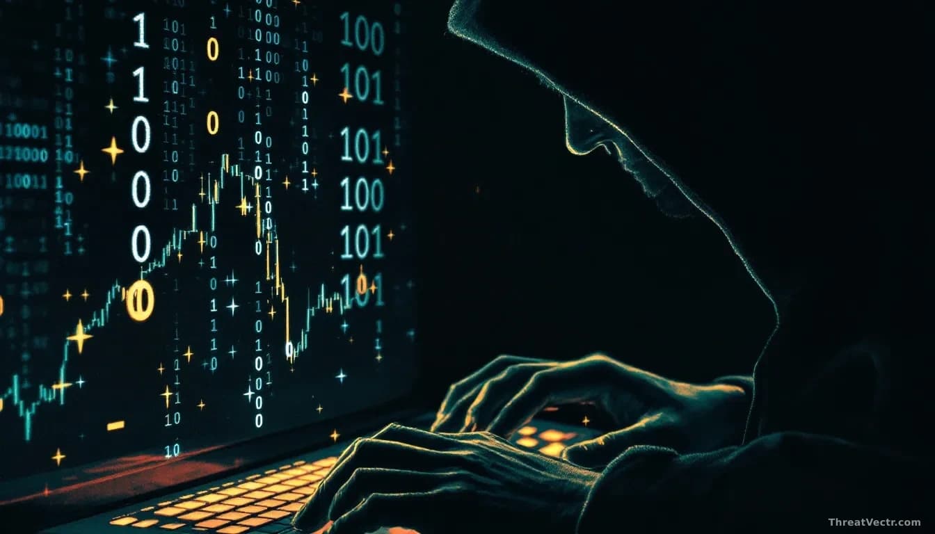 A digital illustration of a shadowy figure typing on a keyboard, with binary code and financial symbols in the background