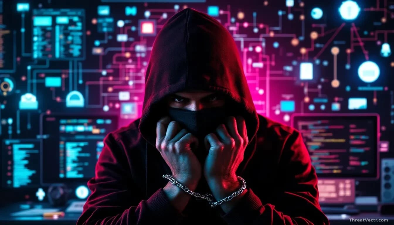 A young male hacker in handcuffs, with digital devices and a network diagram in the background