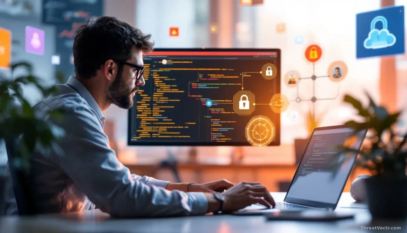 A developer working at a computer with lockfiles and AI elements in the background, highlighting the concept of real-time security checks