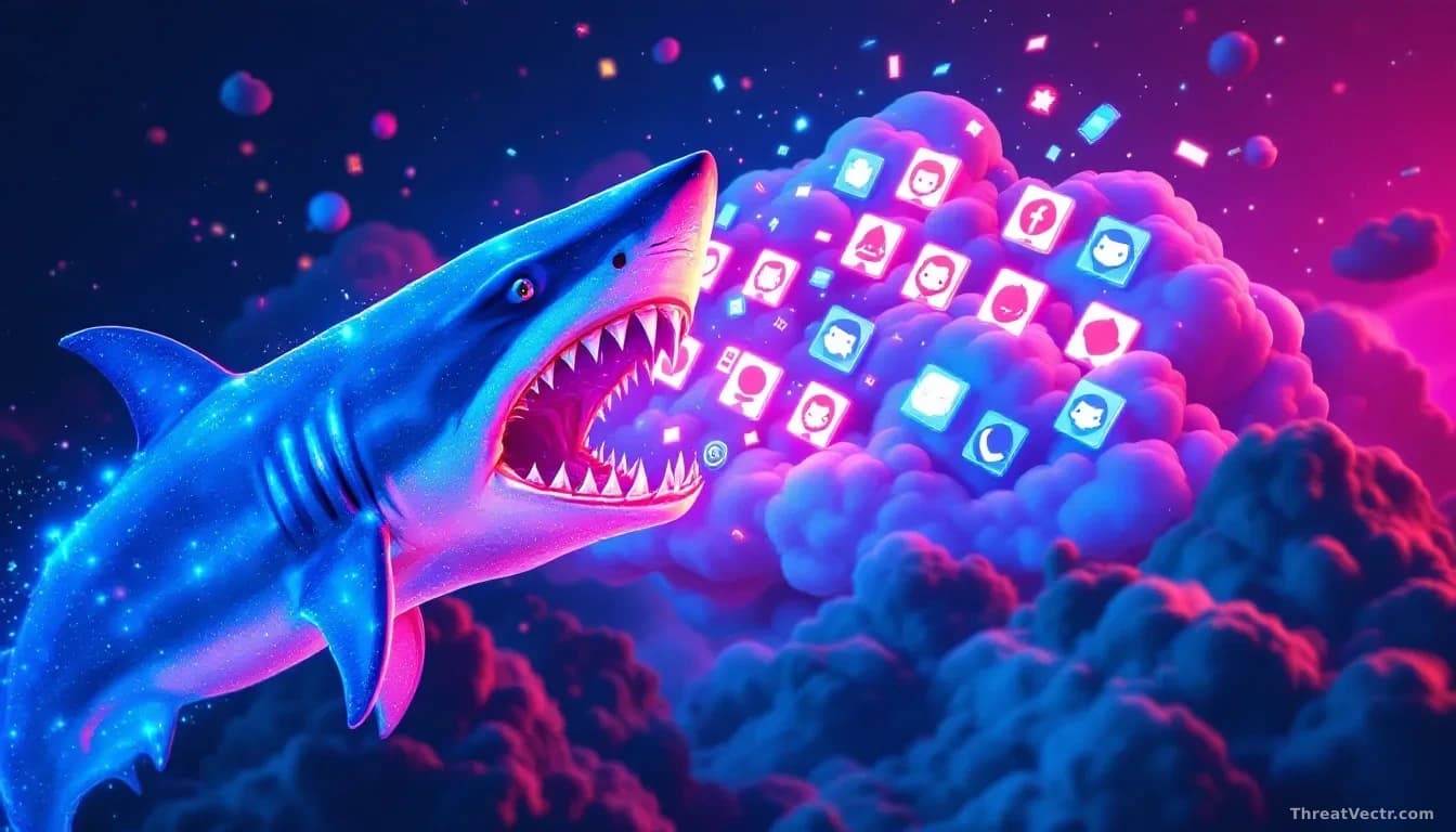 A depiction of a digital shark attacking a cloud of GitHub repositories