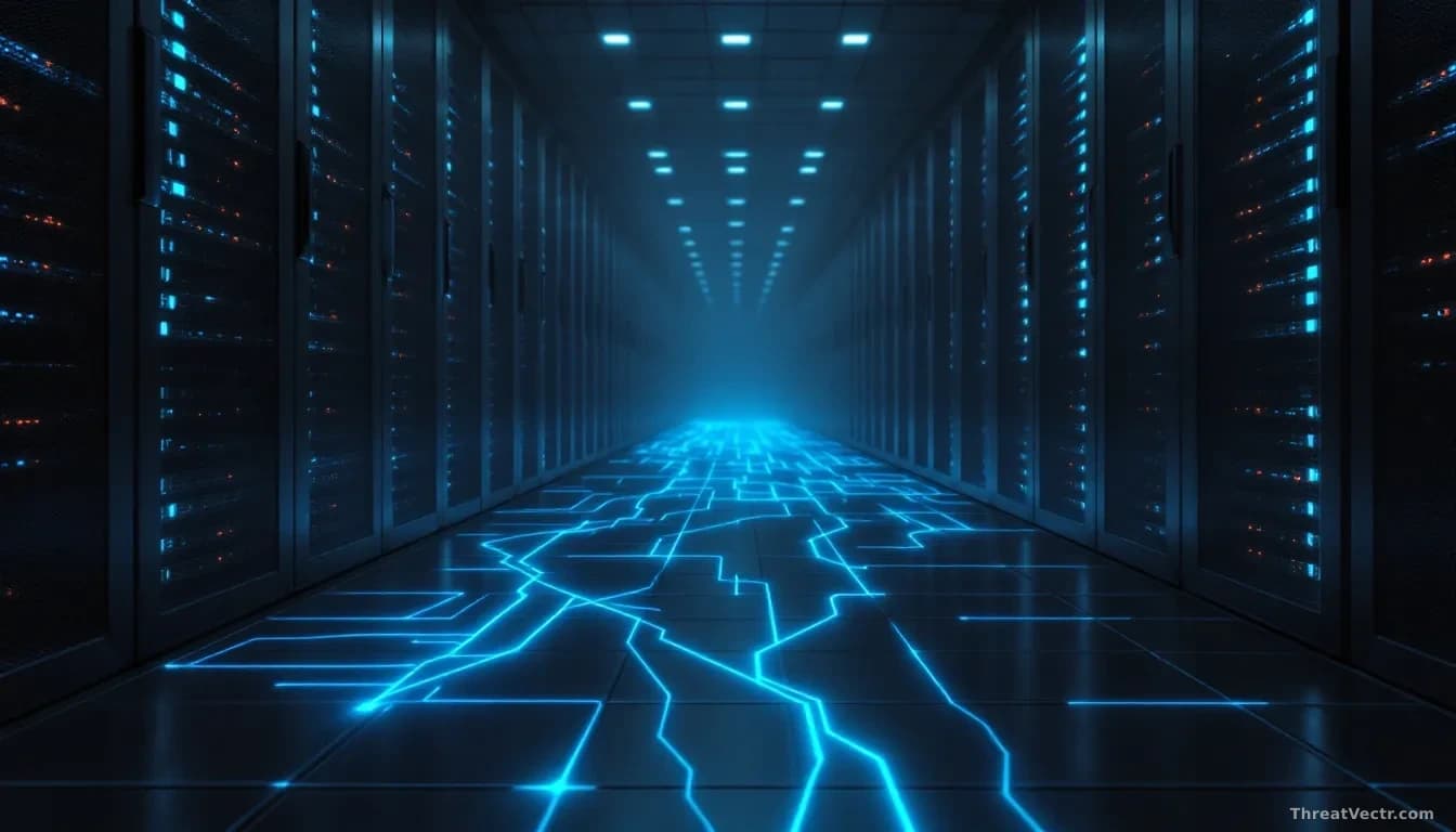 Photoreal news-editorial 16:9 image of a vast dimly lit server room with rows of blinking rack servers receding into darkness, thin threads of faint blue light 