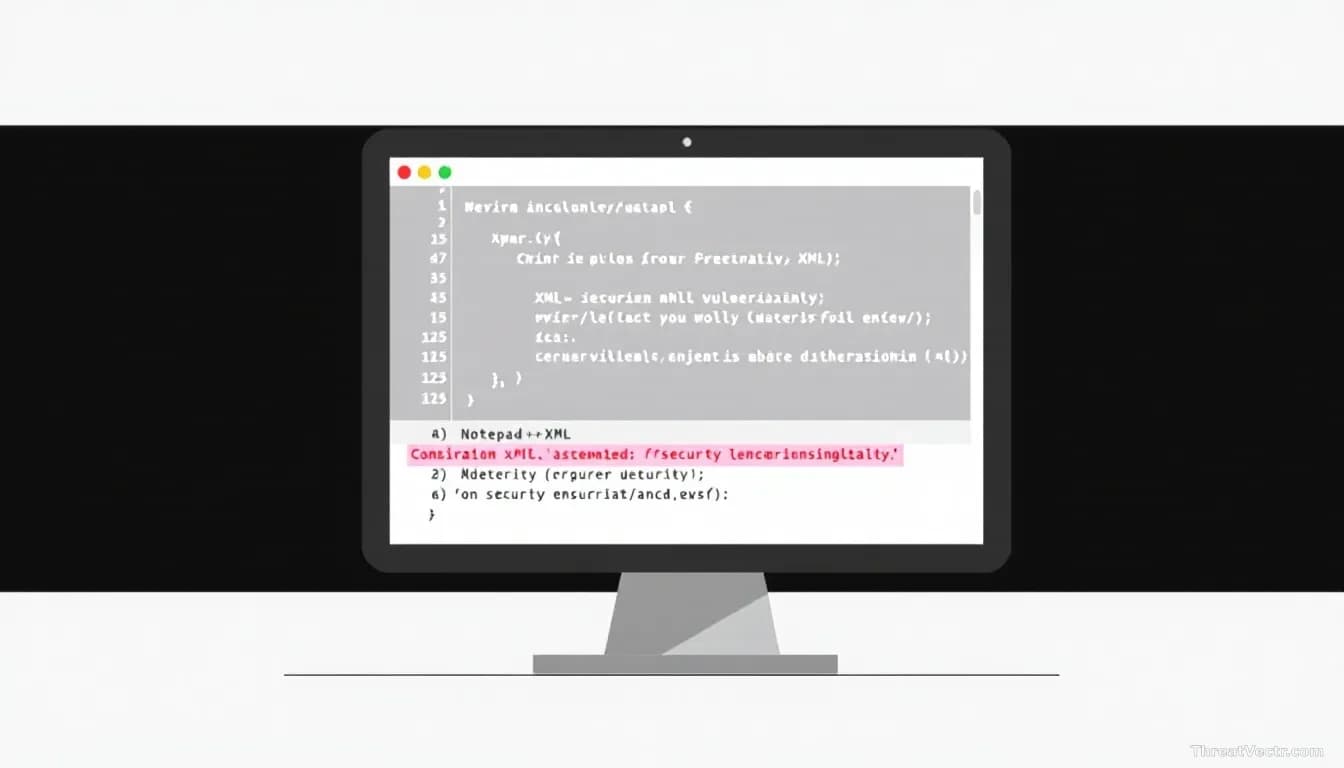 A digital illustration of a computer screen displaying Notepad++ with highlighted XML code, indicating a security vulnerability