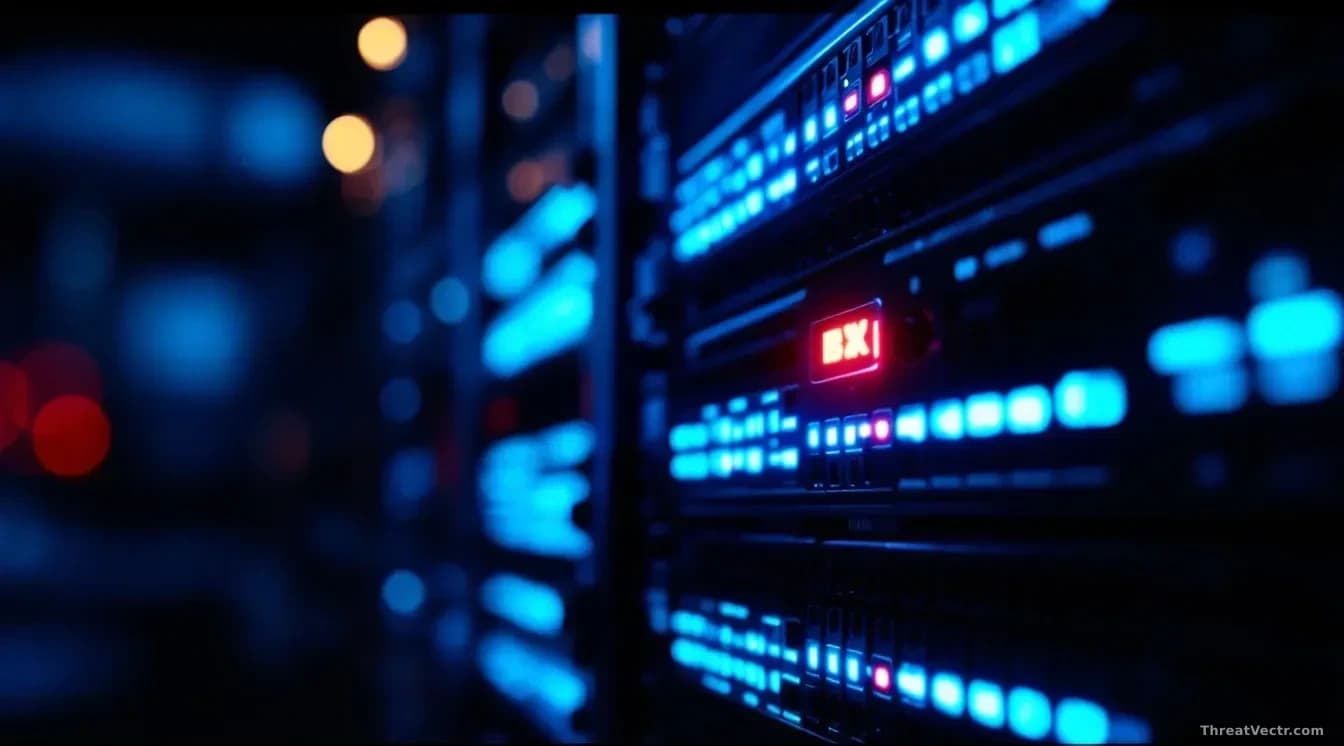 Full-frame edge-to-edge photoreal close-up of a server rack interior glowing with cool blue indicator LEDs, fiber cables in soft bokeh, a subtle red warning glo