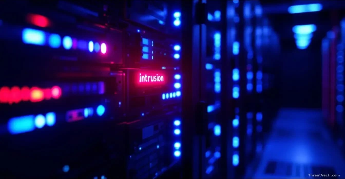 A glowing server rack in a dark data center, one rack unit pulsing with deep red light indicating a fault or intrusion, surrounded by cold blue ambient light fr