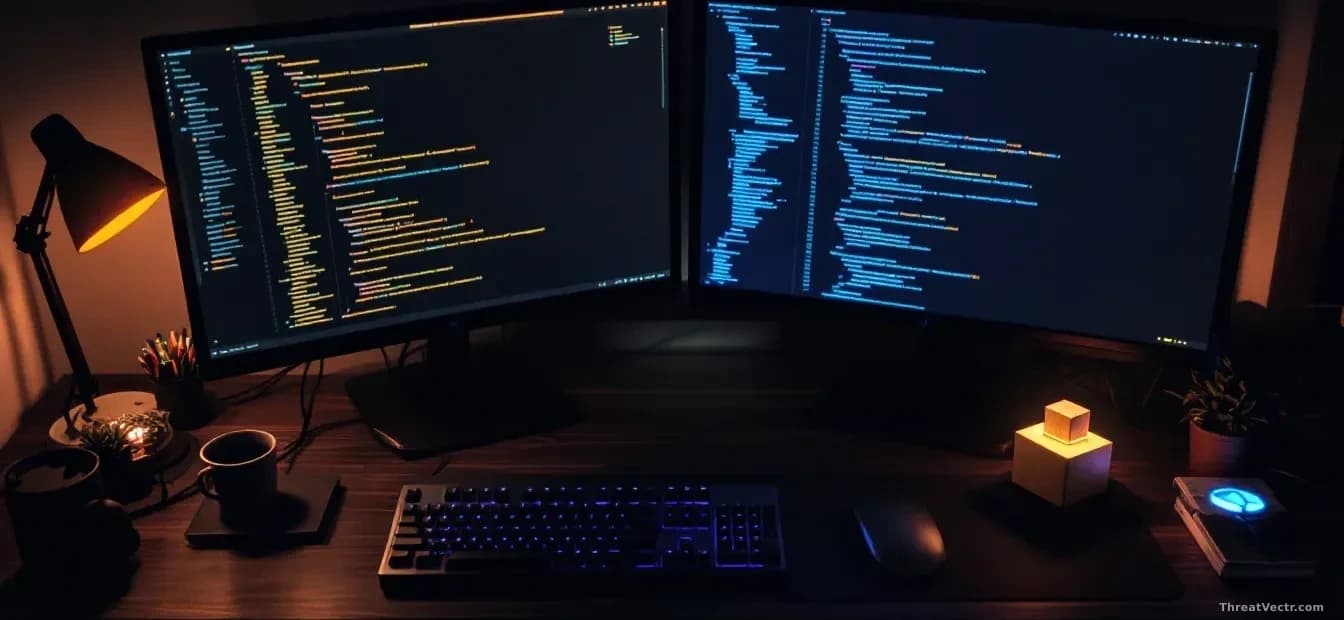 Full-frame edge-to-edge overhead photoreal shot of a developer workstation at night: mechanical keyboard, two monitors glowing with abstract code editor windows