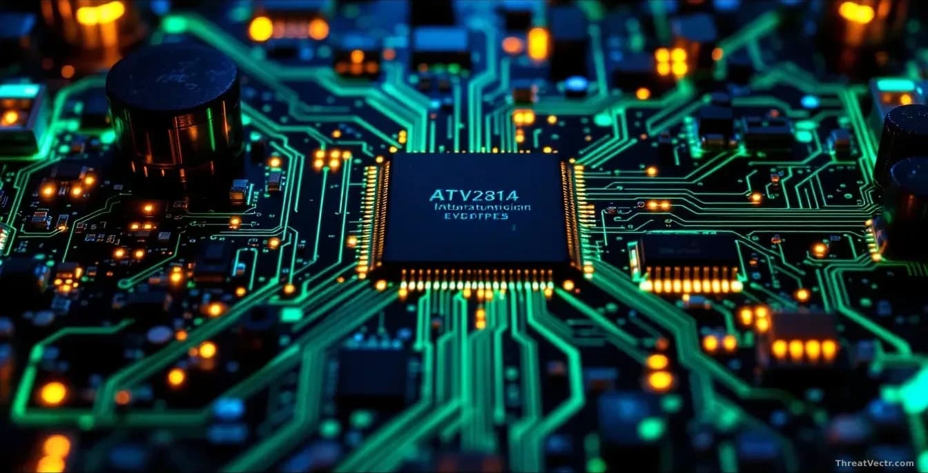 Close-up top-down view of a glowing green circuit board with complex layered traces and chips illuminated by cool blue ambient light, sharp focus on solder join