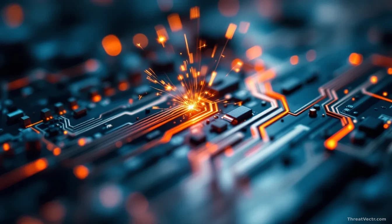 Macro photograph of exposed copper circuit board traces glowing faintly orange-red under a harsh directional light source, dark industrial metal surface visible