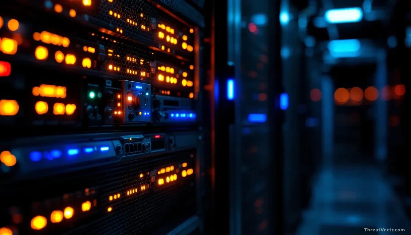 A server rack in a dimly lit data center, glowing amber and blue indicator lights reflecting off brushed-metal chassis surfaces, shallow depth of field on the f