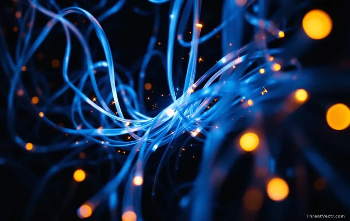 Photoreal news-editorial 16:9 image of a dense tangle of fiber optic cables glowing under pressure in a dark server room, light fragmenting through the cables a