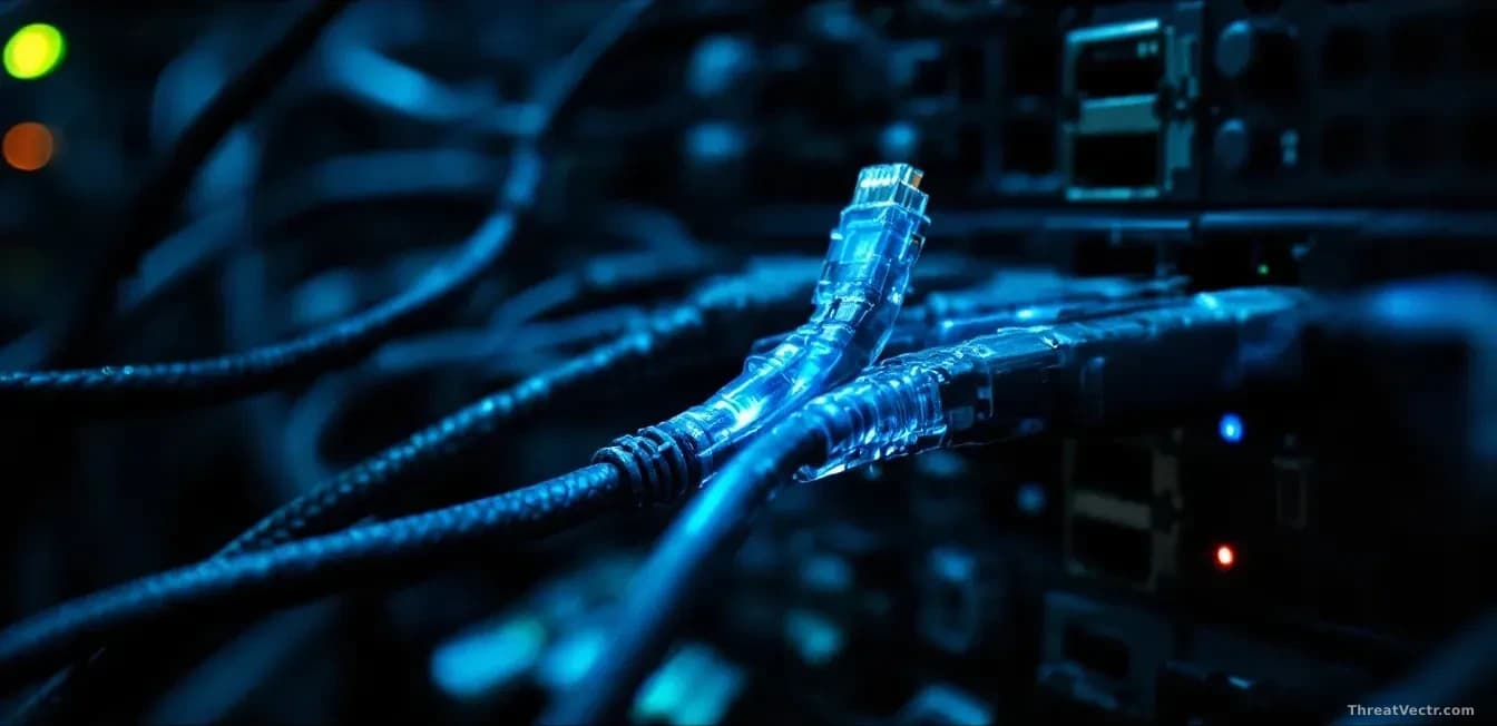 A close-up, macro, photoreal, news-editorial shot of a tangled cluster of worn ethernet and USB cables plugged into a dusty server strip, bathed in the cool blu