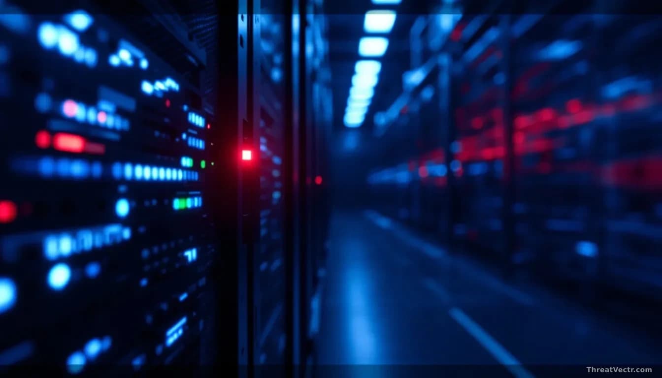 Full-frame edge-to-edge 16:9 photoreal news-editorial shot of a dimly lit e-commerce warehouse server rack with a single red status LED glowing, faint motion bl