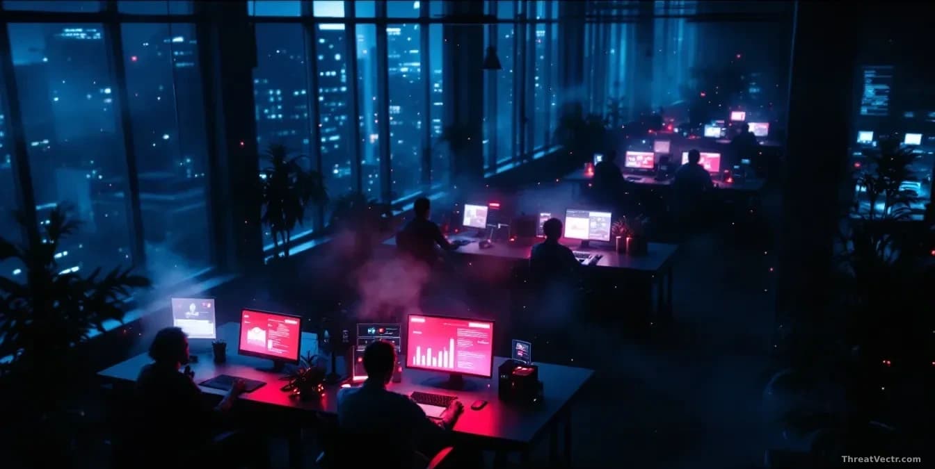 Photoreal news-editorial overhead shot of a darkened open-plan European office at night, glowing monitors showing abstract email interfaces and red alert indica