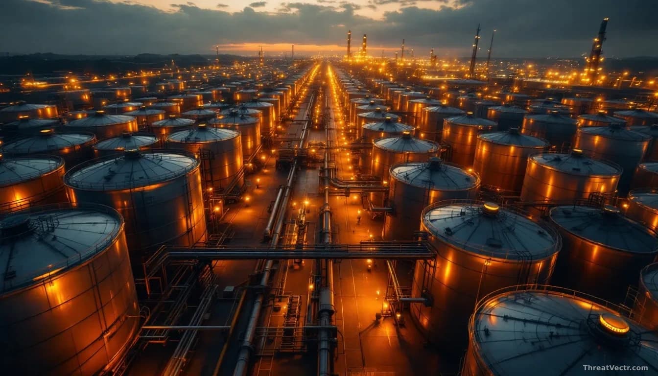 Aerial view of a large industrial fuel storage facility at dusk, rows of cylindrical metal tanks reflecting low amber light, pressure gauges and pipe networks v