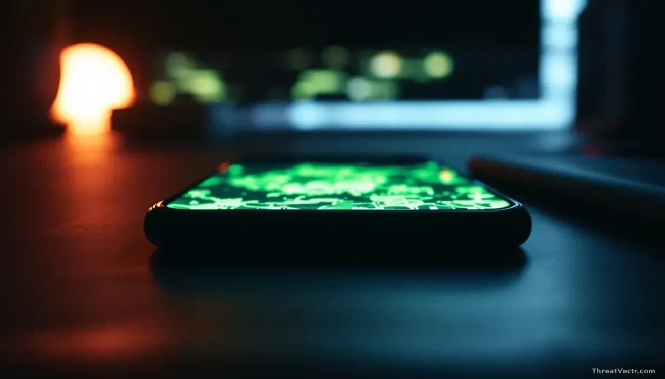 Full-frame edge-to-edge 16:9 photoreal news-editorial image of a generic Android-style smartphone face-up on a dark desk, screen glowing faintly with abstract g