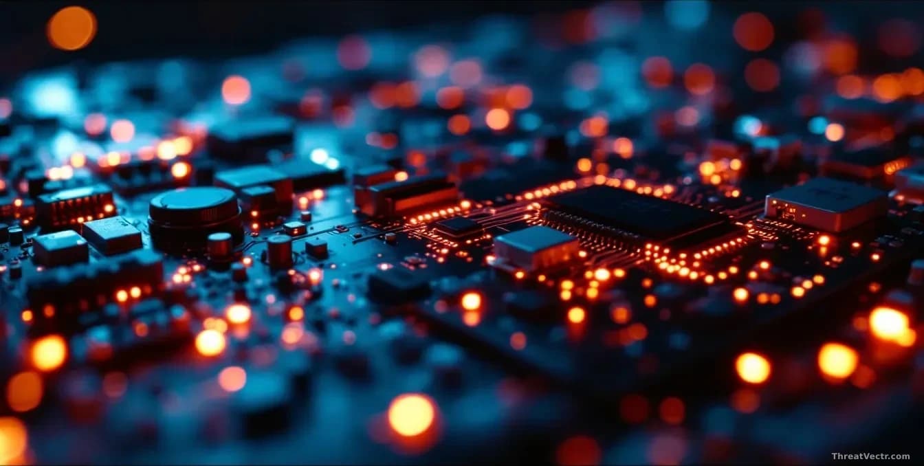 Extreme close-up of a glowing computer motherboard at night, thousands of tiny amber and red lights pulsing across circuit traces, shallow depth of field, dark 