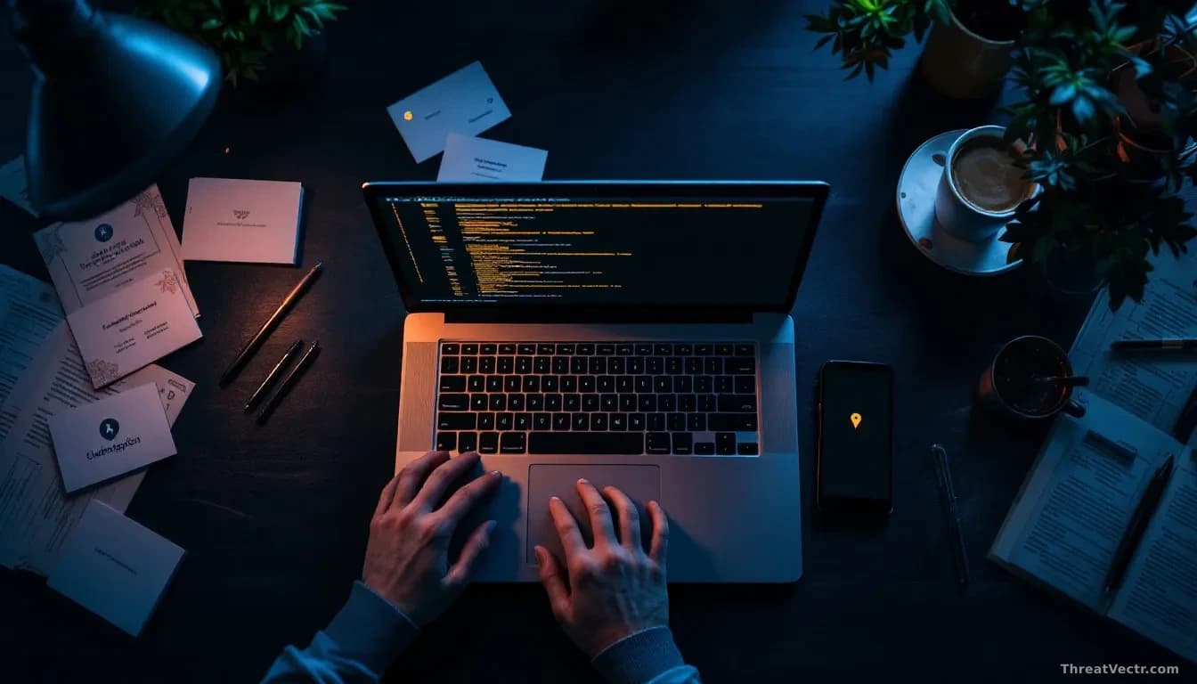 Photoreal news-editorial overhead shot of an open laptop on a dark desk, screen glowing with abstract terminal output and a faint contact-card icon, scattered p