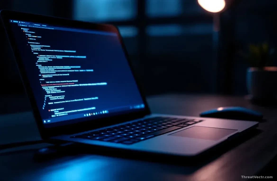 Full-frame edge-to-edge 16:9 photoreal news-editorial image of an open laptop on a dark desk showing a blue Windows-style recovery screen glow reflecting off th