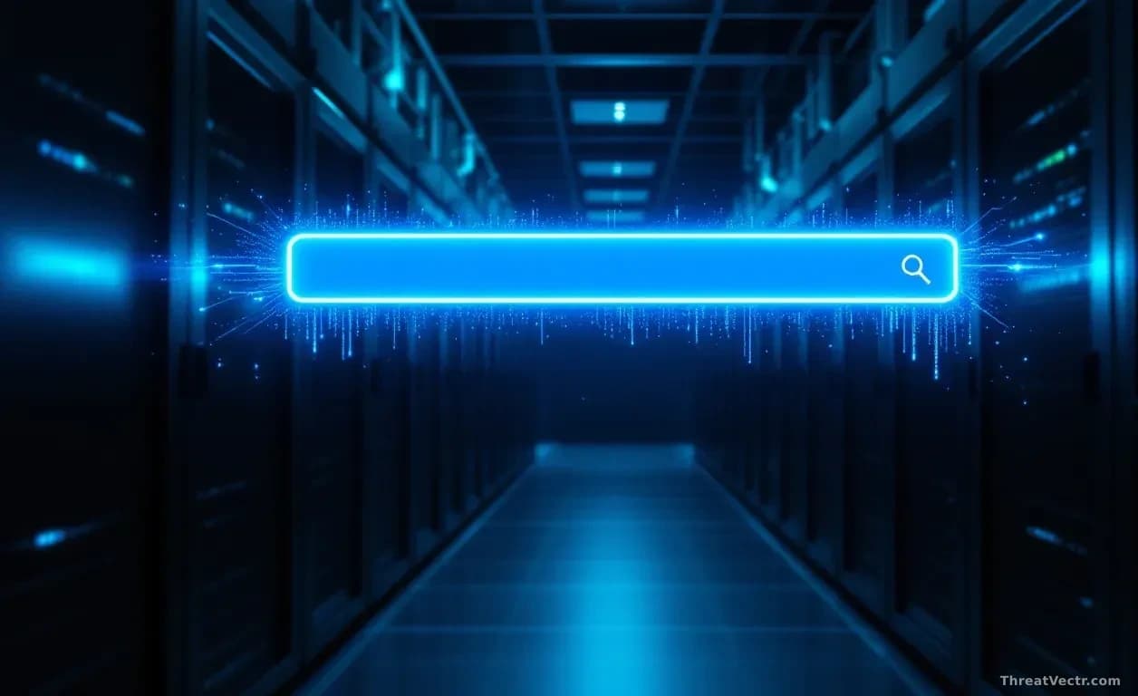 Full-frame edge-to-edge photoreal news-editorial image of a glowing blue search bar floating above a dark server-room aisle, faint data streams leaking sideways