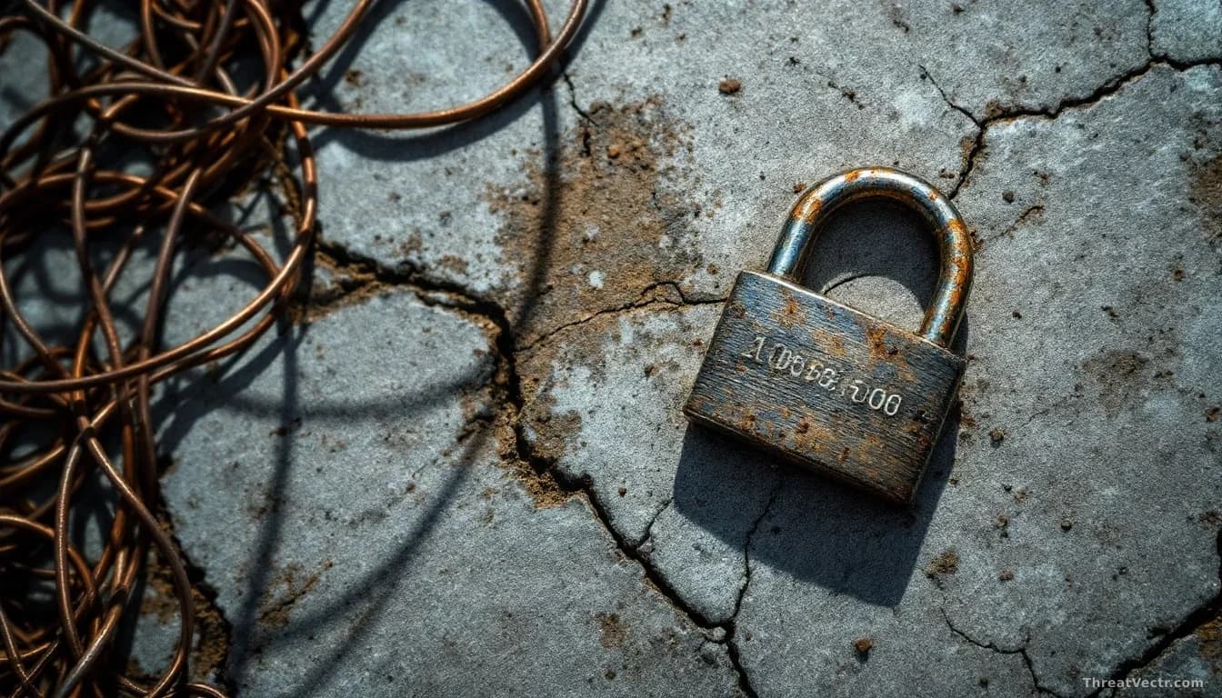 A weathered combination padlock resting on a cracked concrete surface, surrounded by a tangled web of thin copper wires spreading outward in all directions, pho