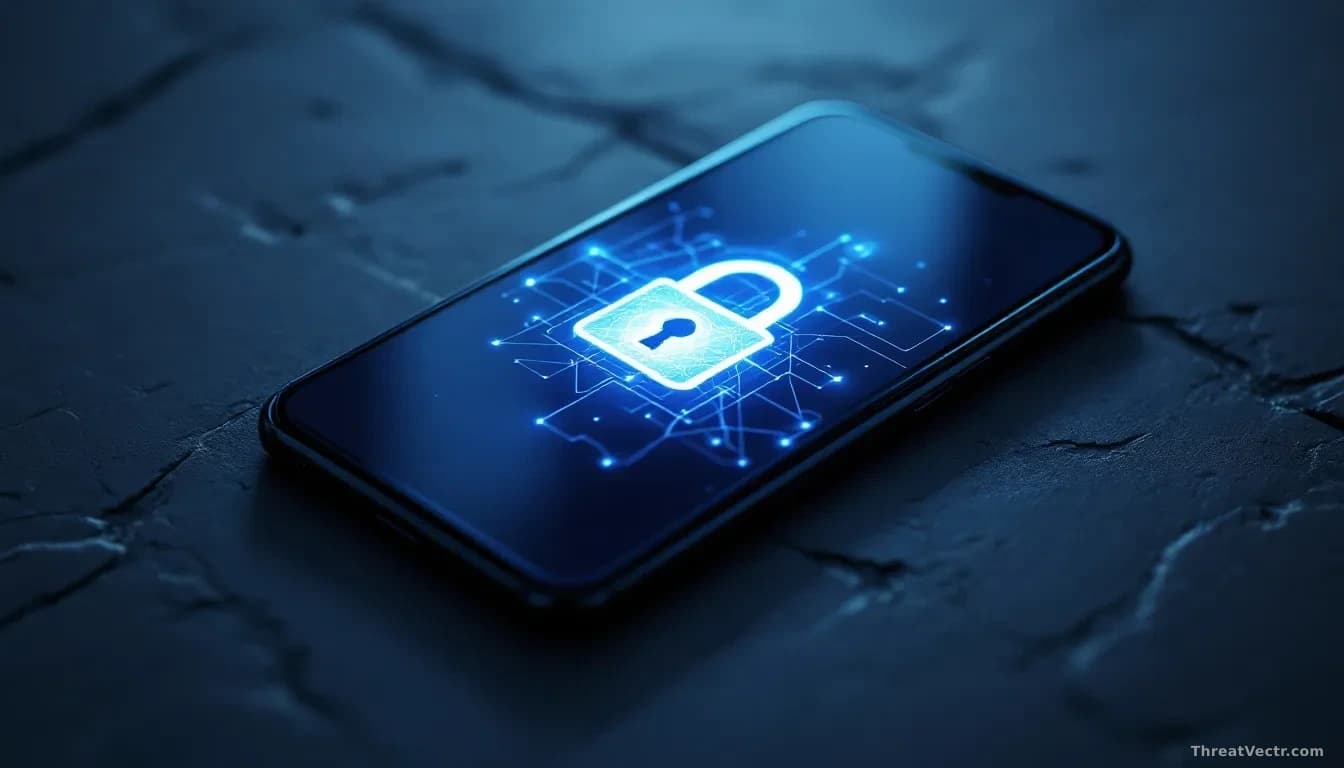 Full-frame edge-to-edge overhead photoreal shot of a generic black smartphone on a dark slate surface, screen glowing faint blue with abstract geometric lock-pa
