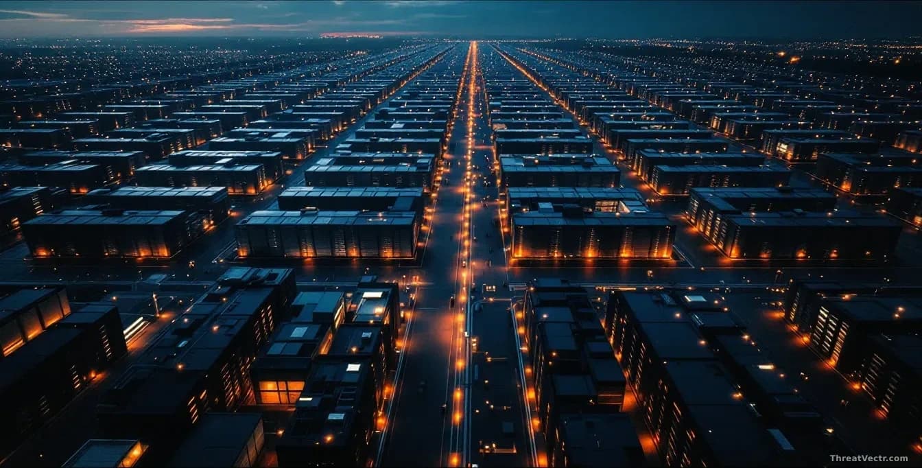 Aerial top-down view of a vast cloud data center facility at dusk, rows of server buildings casting long shadows, with small warning amber lights glowing along 
