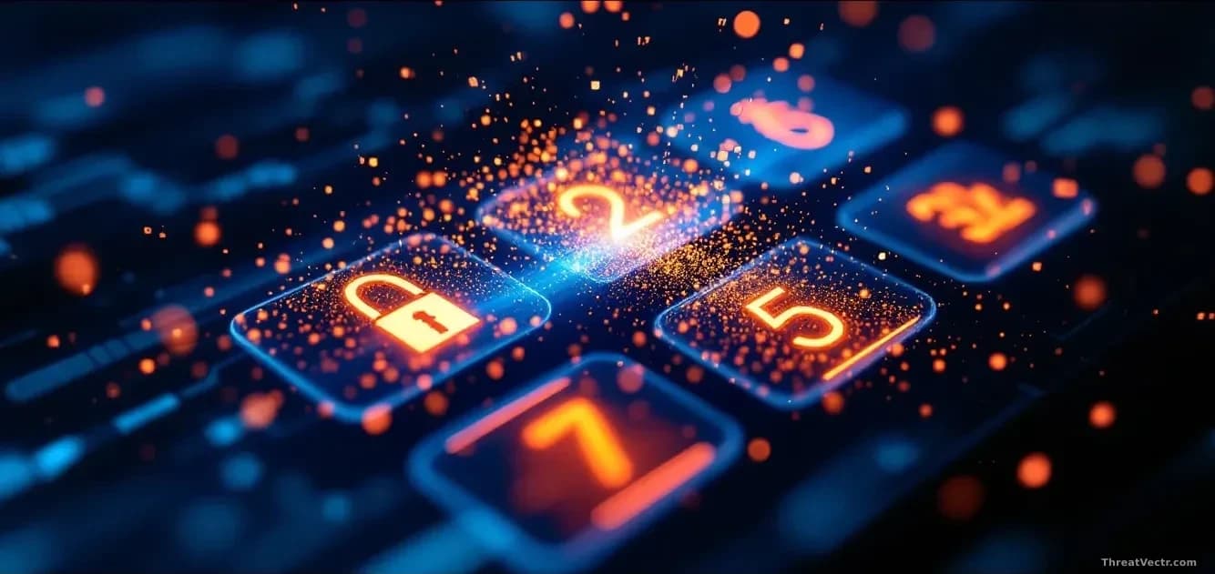 Extreme close-up of a glowing digital keypad with authentication symbols dissolving into fragmented light particles against a deep navy background, sharp focus