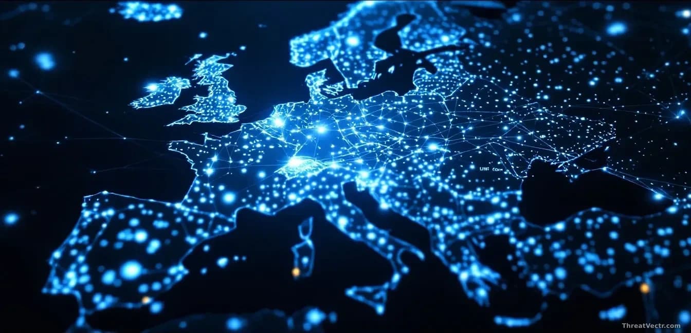 Full-frame edge-to-edge photoreal news-editorial image of an abstract glowing network globe centered over Europe, with faint IP address octets dissolving into l
