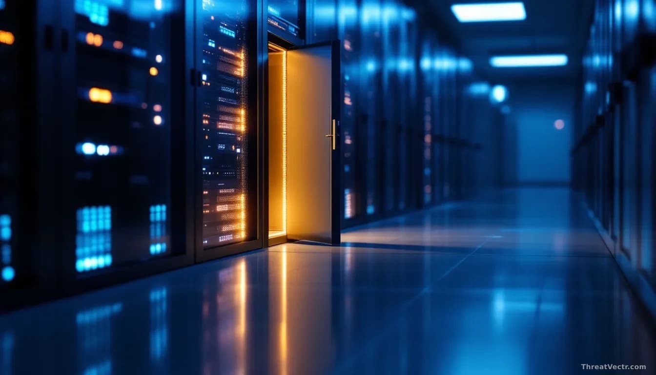 Photoreal editorial shot of a dimly lit server room corridor with a single illuminated rack door slightly ajar, soft blue and amber LEDs reflecting off polished