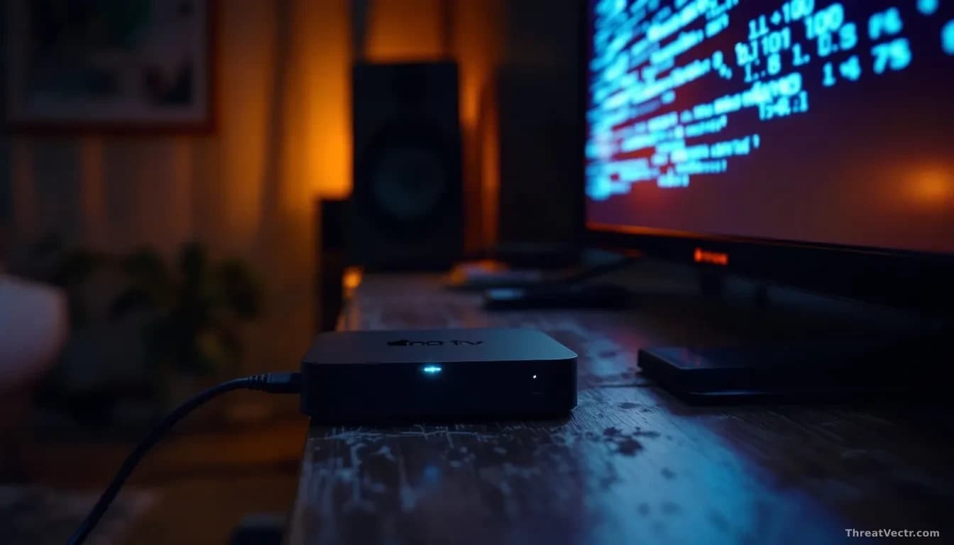 Photoreal news-editorial shot of a generic black plastic Android TV streaming box on a dusty entertainment console, plugged into an HDMI cable and ethernet cabl