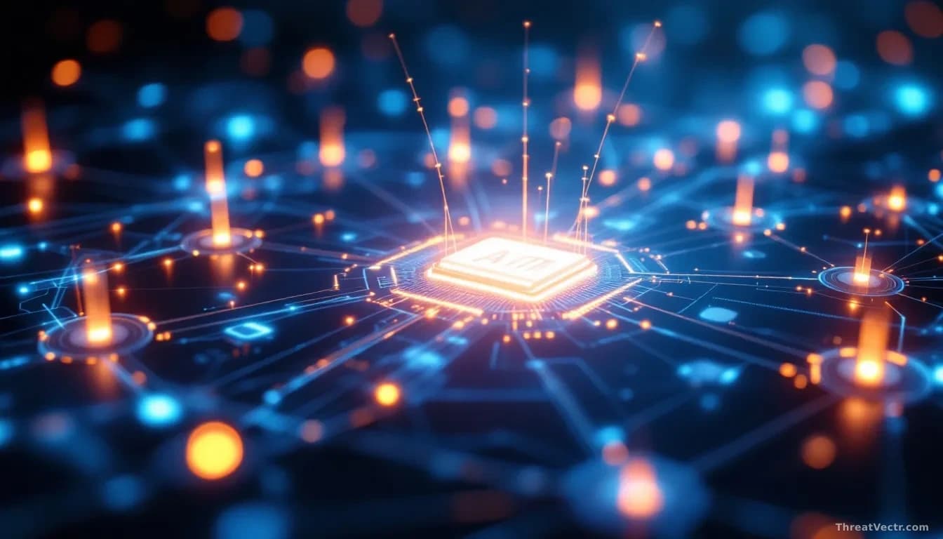 A digital visualization of interconnected AI agents interacting with a central computer system, showing glowing lines indicating data flow