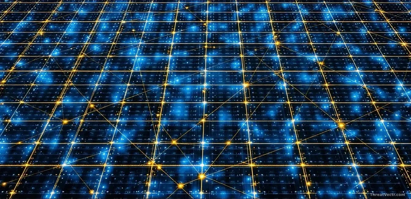 Aerial top-down view of a vast illuminated data-center floor at night, rows of servers glowing blue and white in precise geometric patterns, with fine golden ne