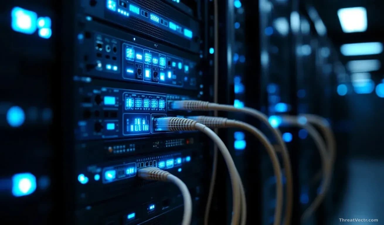 Photoreal editorial image of a sleek modern server rack glowing with blue indicator lights, partially connected by old beige Ethernet cables and a vintage patch