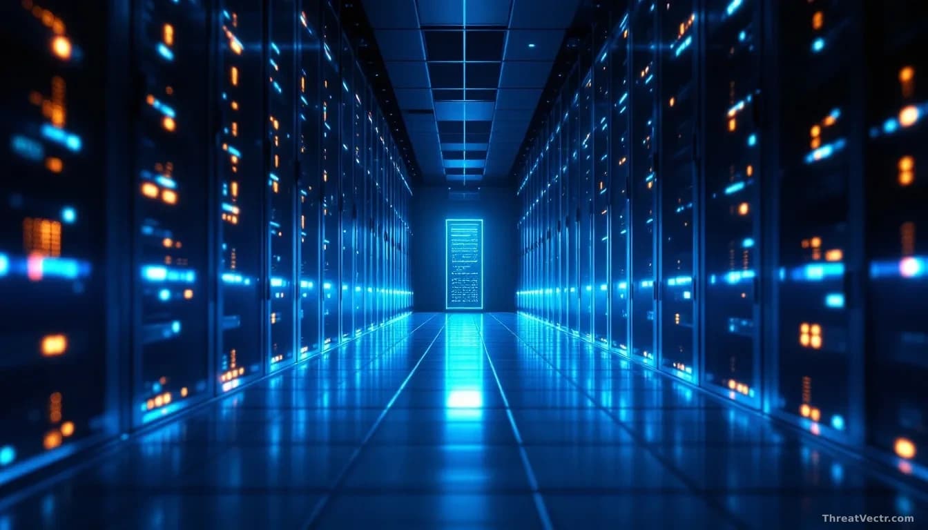 Photoreal news-editorial 16:9 photograph of a dark server room filled with rows of blinking rack-mounted hardware, cool blue and amber indicator lights reflecti