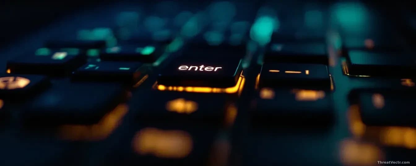 Extreme close-up of a glowing laptop keyboard in a dark room, with faint green and amber light reflecting off the keys, shallow depth of field on the enter key,