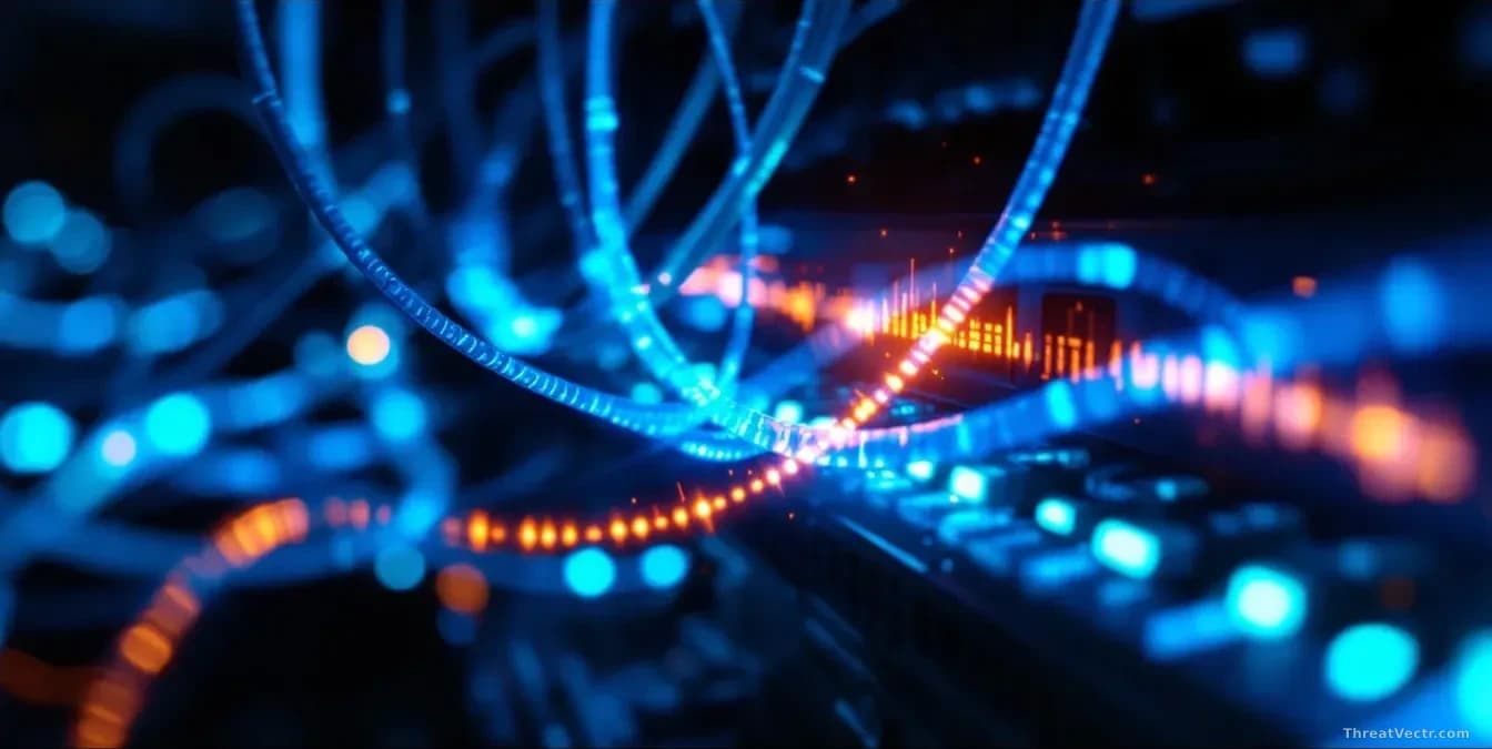 Full-frame edge-to-edge photoreal close-up of intertwined fiber-optic cables glowing with cool blue light, threaded through a darkened server rack, one strand v