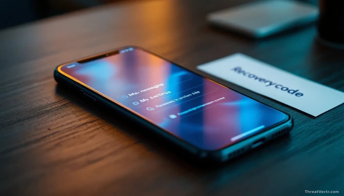 Full-frame edge-to-edge photoreal close-up of a smartphone on a dark wooden desk displaying an abstract blue messaging app settings screen, a small printed pape