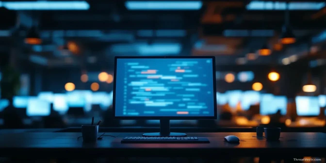 Full-frame edge-to-edge photoreal overhead shot of a darkened open-plan office at night, single monitor glowing with a generic email client interface blurred be