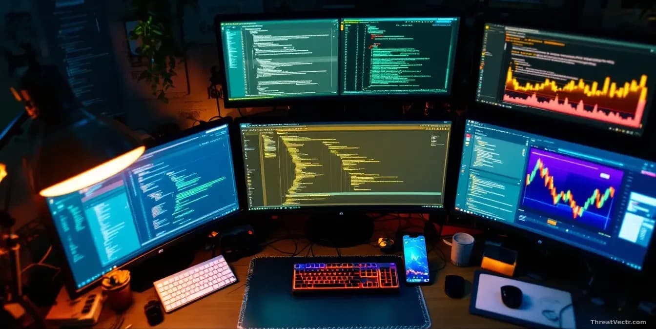 Photoreal news-editorial overhead shot of a cluttered developer workstation at night, multiple monitors showing abstract code editor windows and Vue-style compo