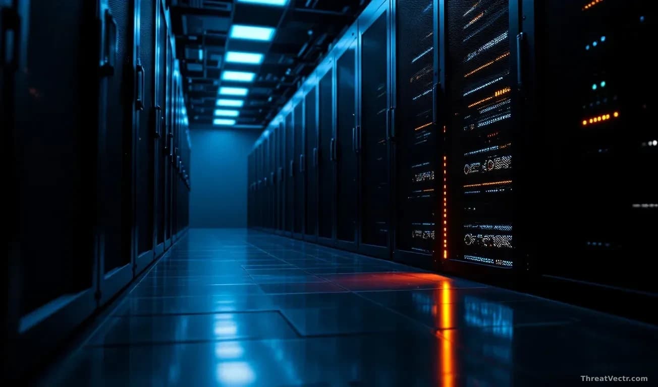 Full-frame edge-to-edge photoreal editorial shot of a darkened enterprise server room, with one rack illuminated by amber warning light, reflecting faintly on p