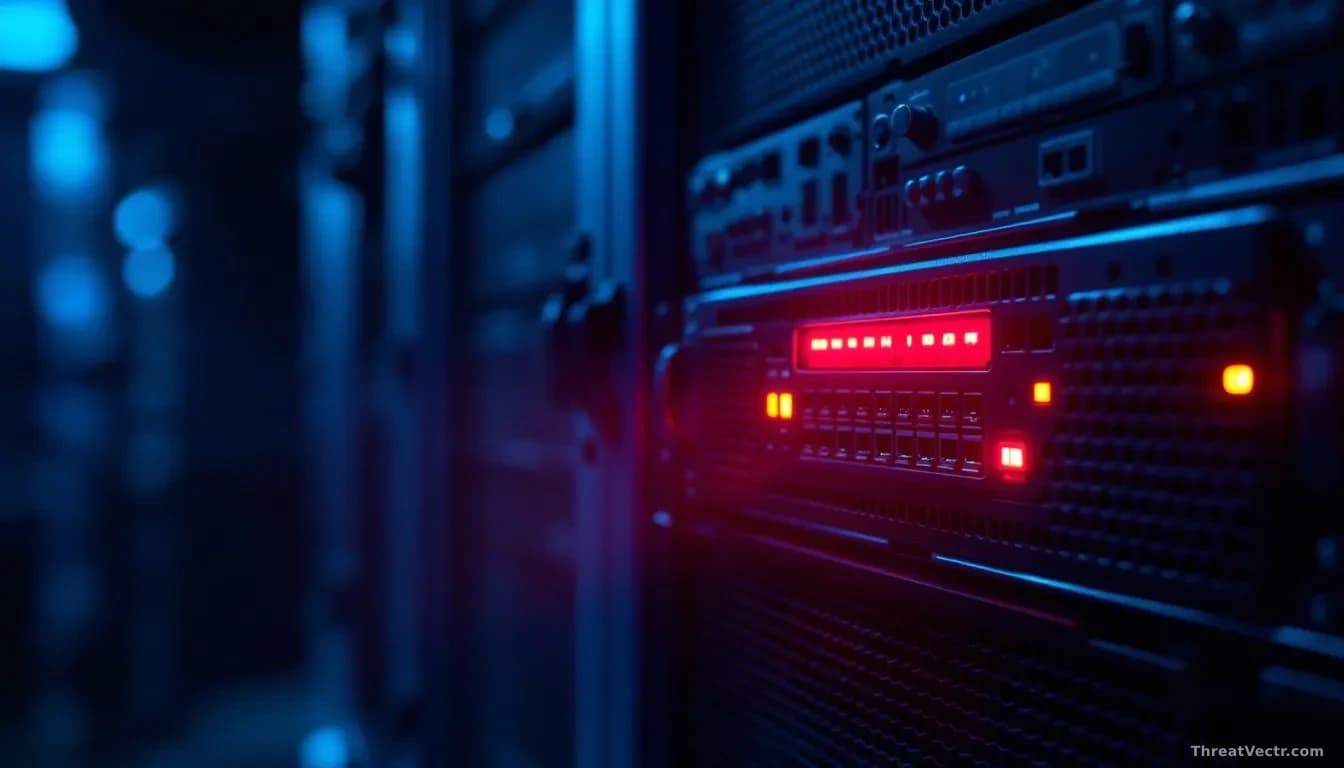 Full-frame edge-to-edge 16:9 photoreal news-editorial image of a rack-mounted network load balancer appliance in a dim server room, status LEDs glowing amber an