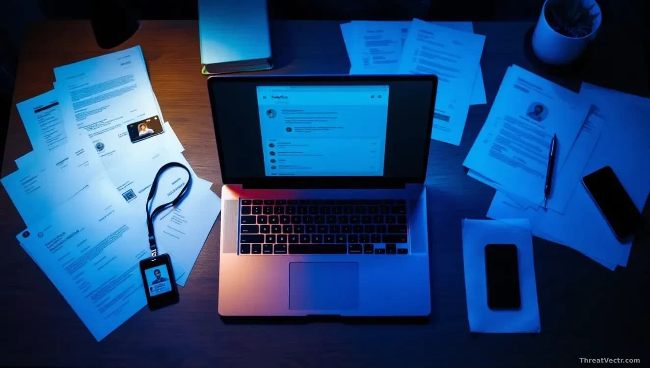 Full-frame edge-to-edge overhead photoreal shot of a dimly lit desk with an open laptop showing a generic email inbox interface, scattered printed invoices, a c