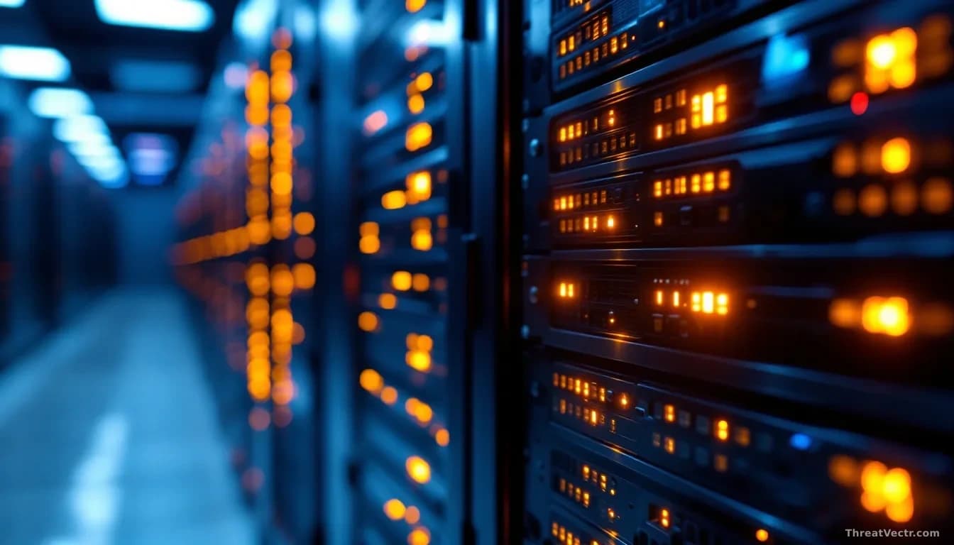 Photoreal news-editorial image of a dimly lit server rack in an enterprise data center, amber warning LEDs reflecting on brushed metal panels, shallow depth of 