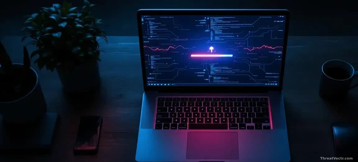 Full-frame edge-to-edge photoreal overhead shot of a laptop on a dark wooden desk with a generic software installer progress bar glowing on screen, faint reflec