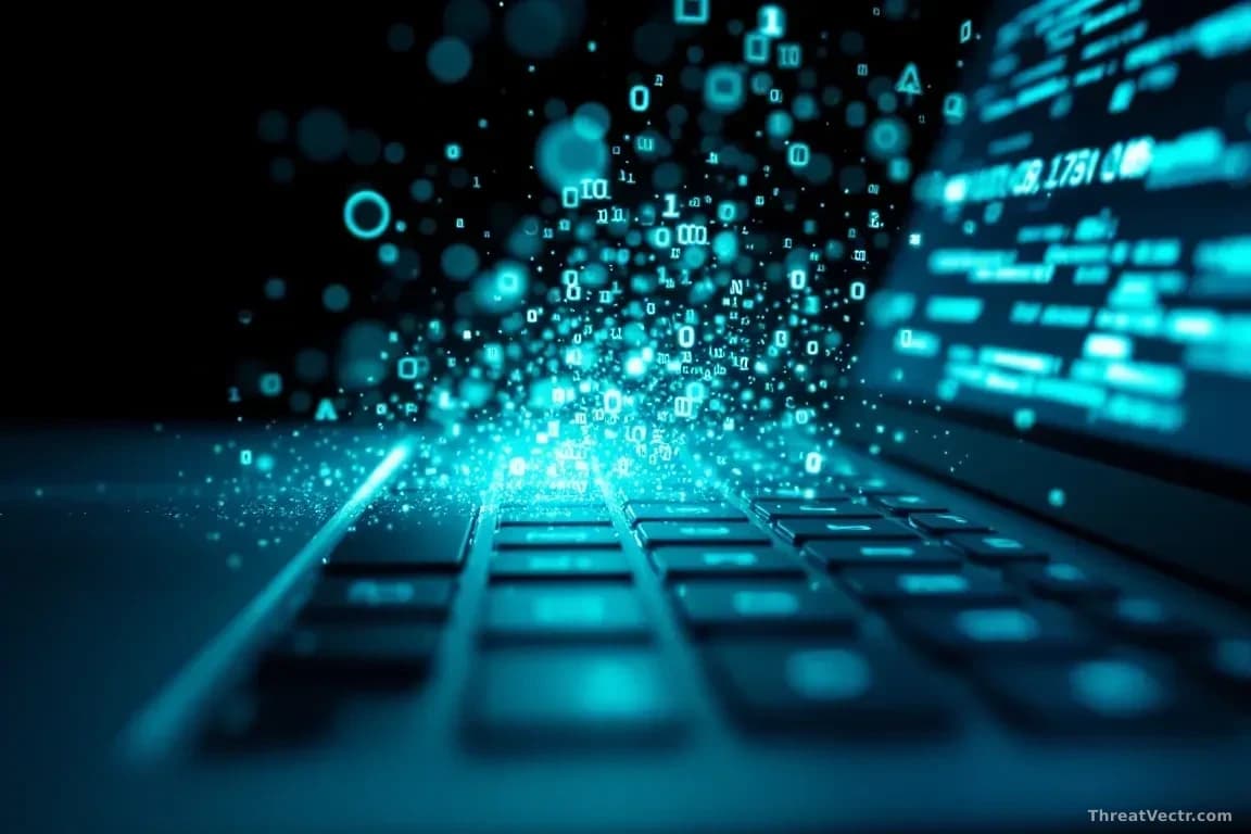 Extreme close-up of a sleek modern laptop keyboard with a faint blue-green digital glow emanating from the screen reflecting onto the keys, abstract streams of 
