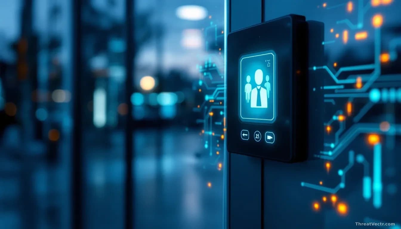 Full-frame edge-to-edge photoreal editorial image of an abandoned office badge access panel on a glass door, glowing faintly at dusk, with faint digital circuit