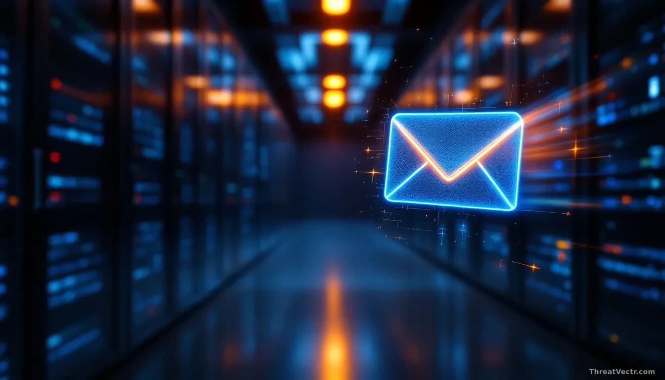 Full-frame edge-to-edge photoreal editorial image of a darkened data center corridor with a single amber warning light reflecting off polished server racks, an 