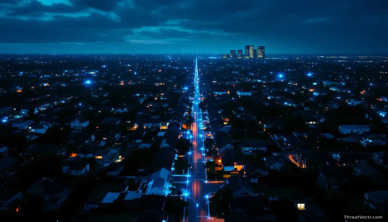 Full-frame edge-to-edge overhead photoreal view of a suburban neighbourhood at dusk with faint blue network light traces emanating from individual houses and co