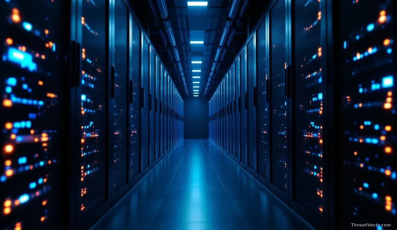 Full-frame photoreal editorial shot of a modern server room aisle at night, rows of dark racks with soft blue and amber status lights receding into the distance