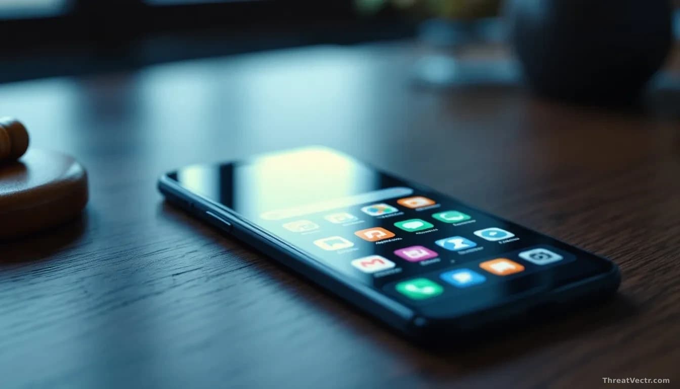 Full-frame edge-to-edge photoreal news-editorial image of an unbranded modern smartphone lying face up on a polished dark wooden desk, screen showing a generic 