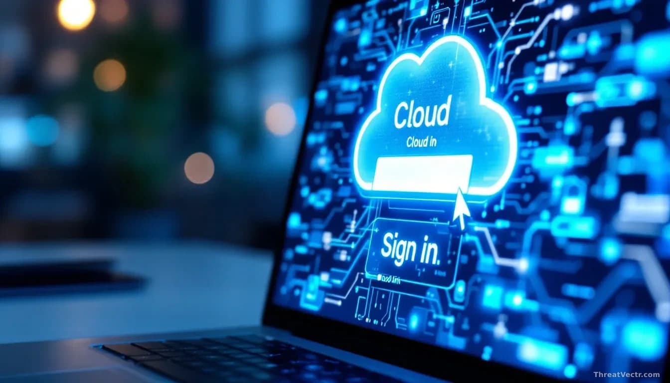 Photoreal editorial close-up of a laptop screen showing a generic blurred cloud sign-in prompt, a translucent glowing link being dragged across the screen by a 